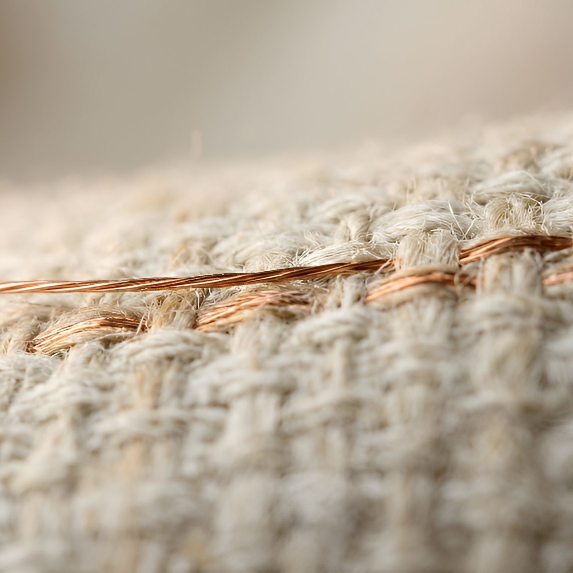 Close-up of woven fabric with a copper thread