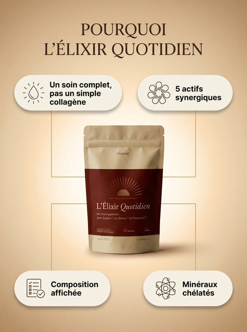 Product packaging with text on a beige background