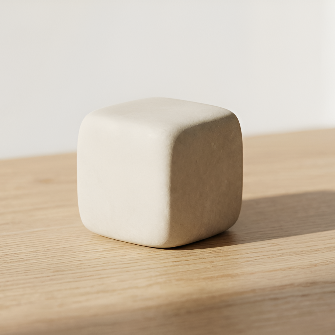 Zinc cube on a wooden surface with a minimal background